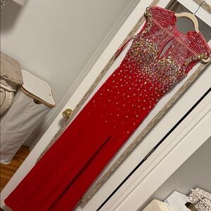 Madison James Red Beaded Prom Dress